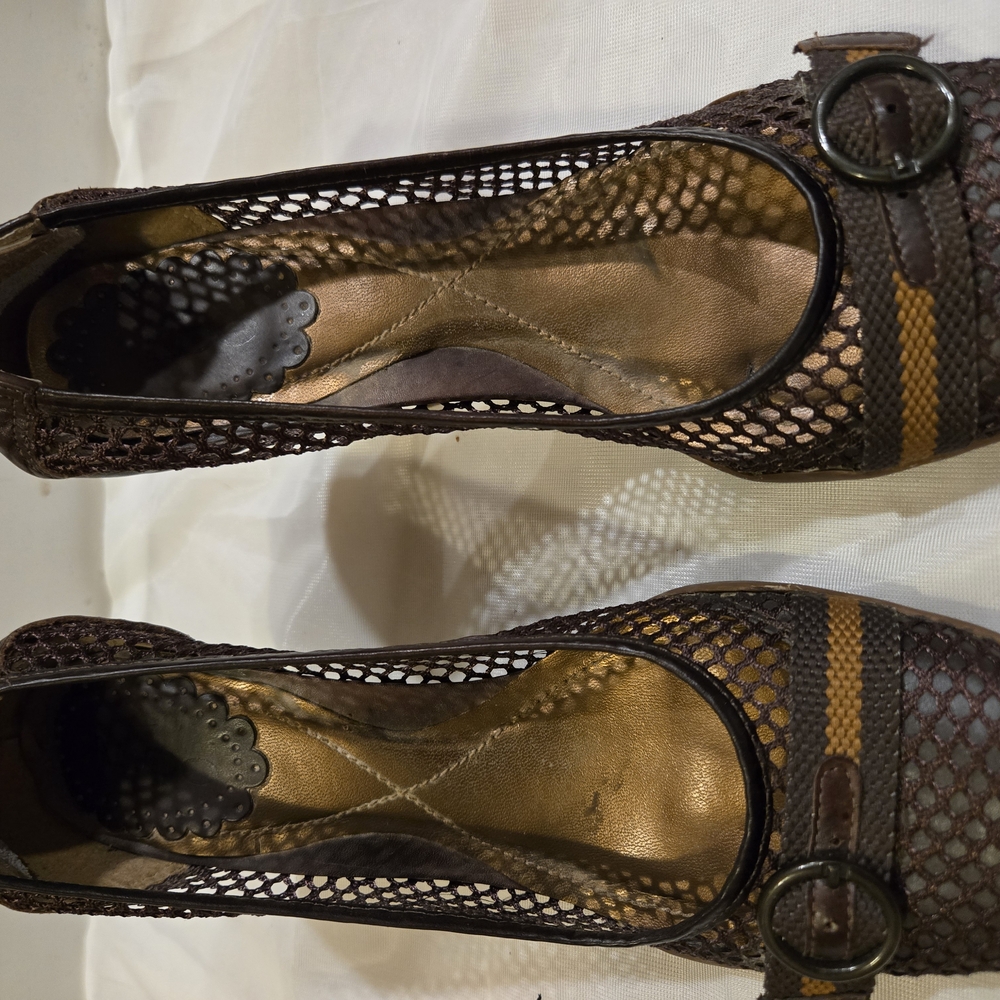Elegant Brown Mesh Heels with Decorative Embellishment